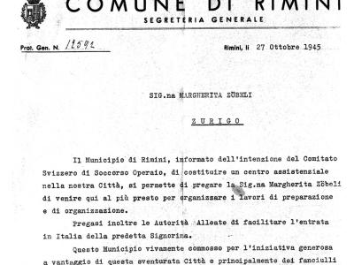 Lettera del Comune di Rimini a Margherita Zoebeli, 27 ottobre 1945